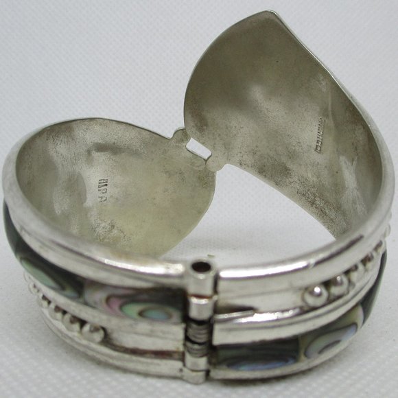 Wide ABALONE MEXICAN SILVER Clamper Mexican Cuff Bracelet Marked Alpaca Mexico - Picture 4 of 11
